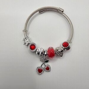 Silver Tone Cable Wire Cuff‎ Bracelet Red Heart Cherry Castle Charms Bangle